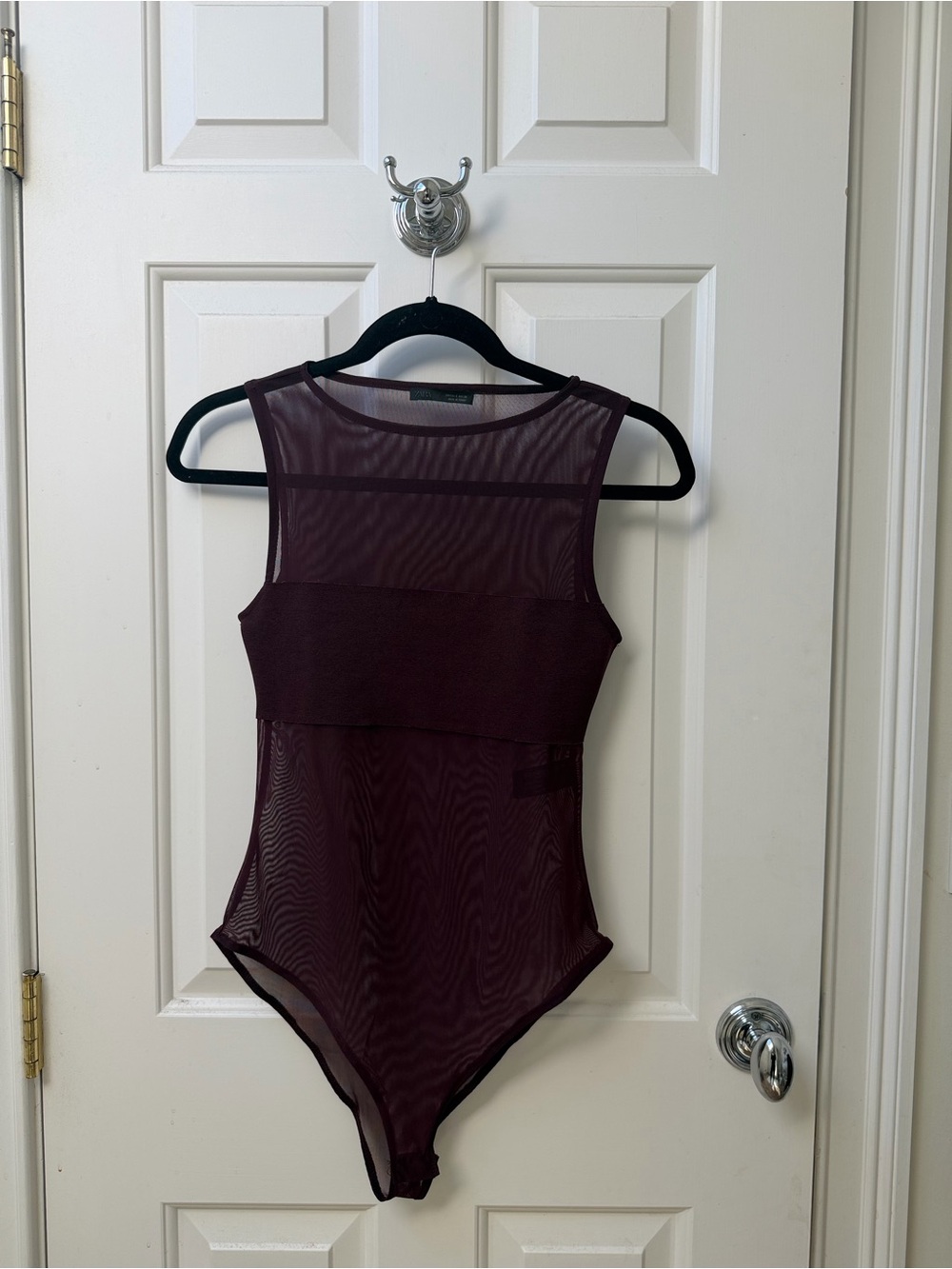 Zara Burgundy Sheer Mesh Bodysuit Size S